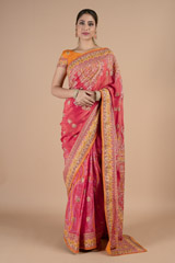 Pink saree with white thread embroidery and yellow blouse set5648 video